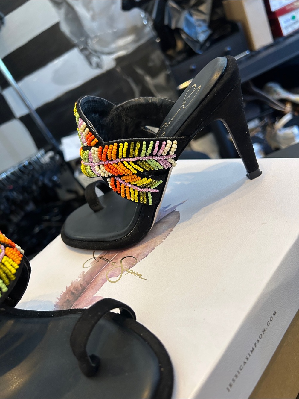 Jessica Simpson Black Heeled Slide Sandals with Multicolor Bead Embellishment - Picture 4 of 4